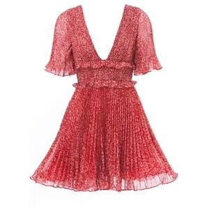 AMUR Quinn Red Floral Pleated V-Neck Mini Dress Flutter Sleeve Size 4 580128‎